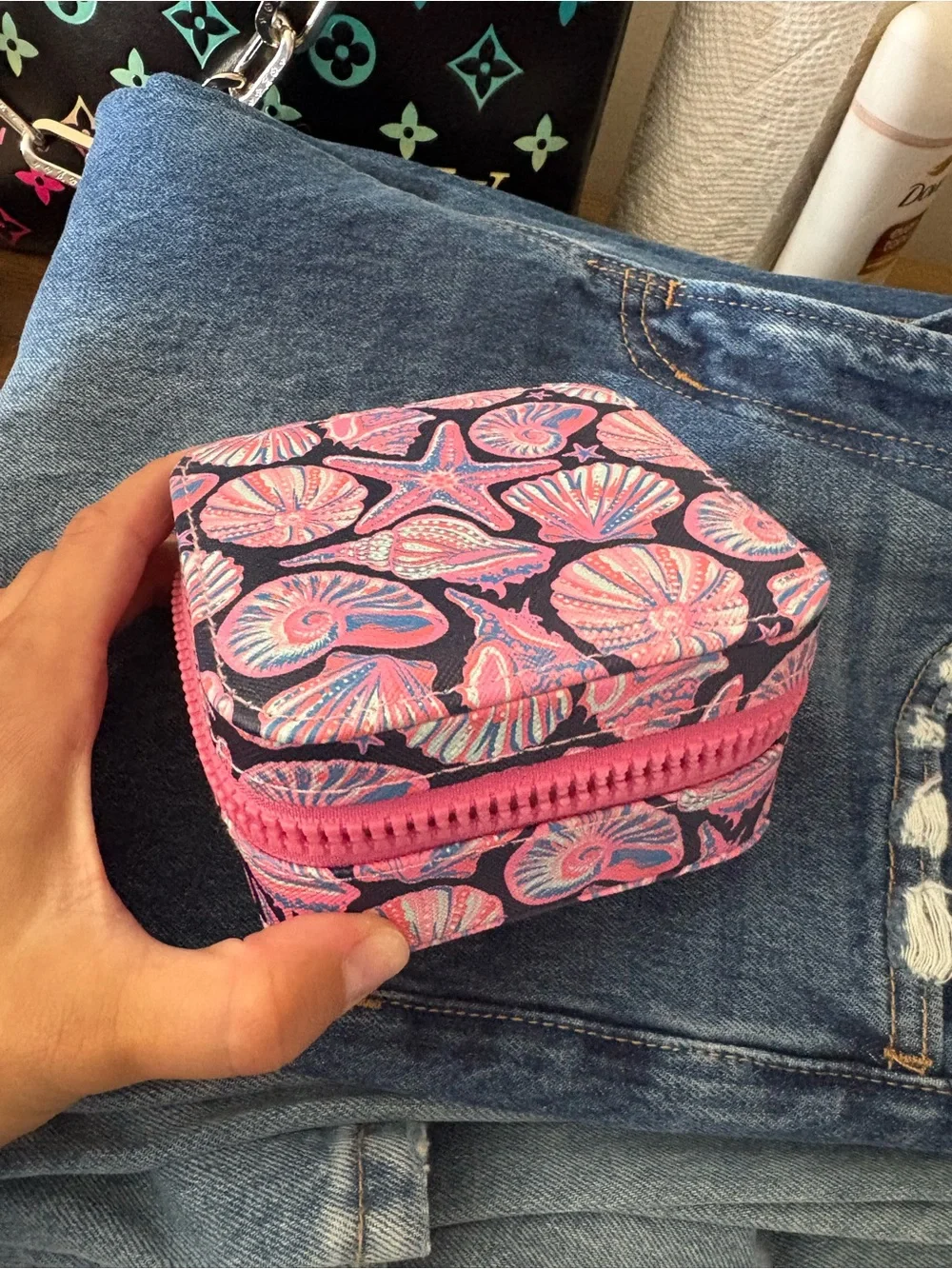 Simply Southern Pink and Navy Seashell Zip Jewelry Case